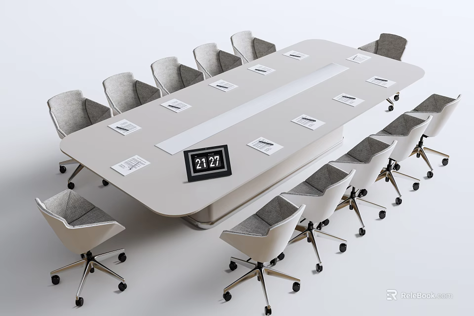 Modern Conference Table With Gray Rolling Chairs And Name Cards On Top 3d model 