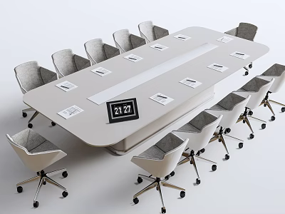 Modern Conference Table With Gray Rolling Chairs And Name Cards On Top 3d model
