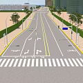 Modern Municipal Road With Pedestrian Walkway Green Median Street Lamps And Modern Buildings