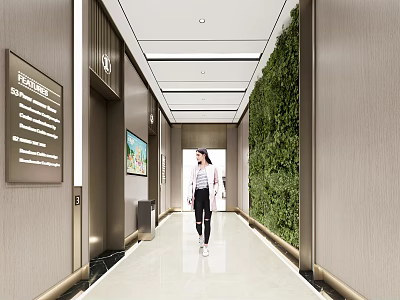 Modern Elevator Corridor With Green Wall Signage Ceiling Lighting And Polished Flooring 3d model
