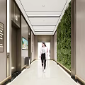 Modern Elevator Corridor With Green Wall Signage Ceiling Lighting And Polished Flooring 3d model