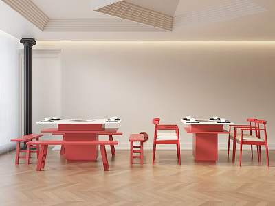 Modern Red Dining Table Set with Chairs Wooden Herringbone Floor and White Walls 3d model
