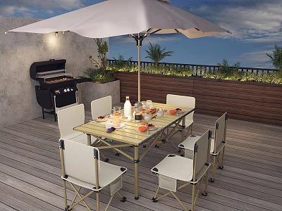 White Outdoor Chairs On Terrace With Table Umbrella And Grill For Patio Setting 3d model