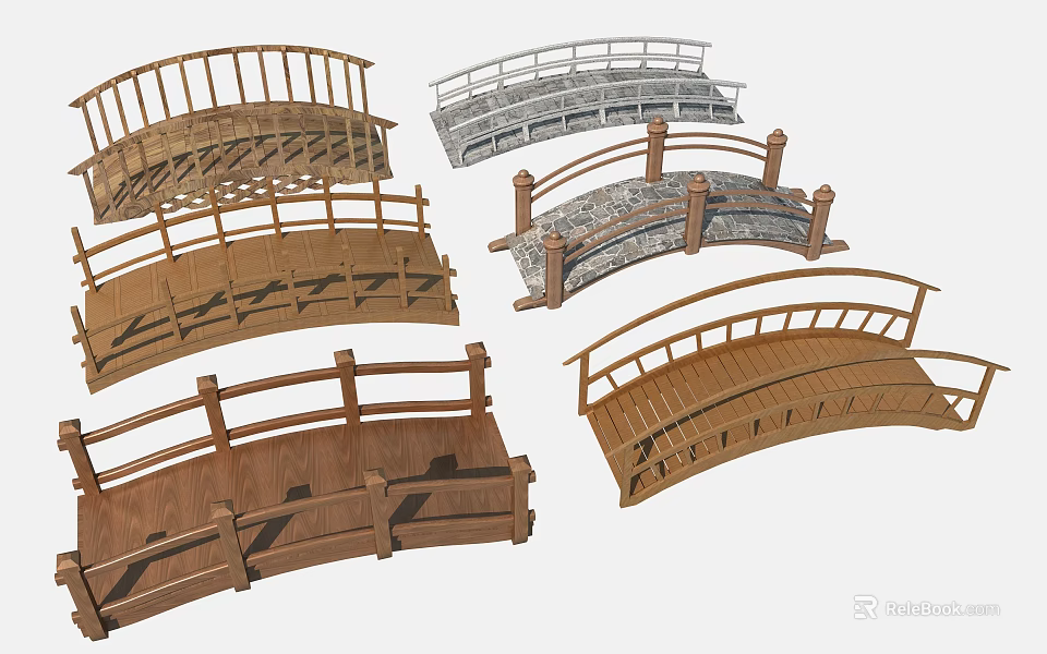 Different Types Of Arched Bridges Featuring Wooden And Stone Railings Design 3d model 