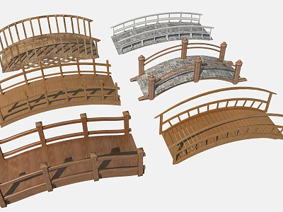 Different Types Of Arched Bridges Featuring Wooden And Stone Railings Design 3d model