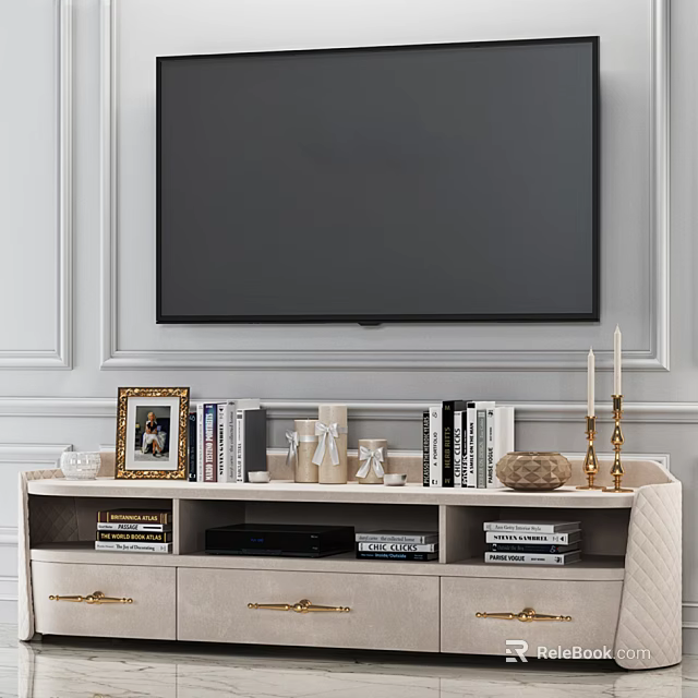 Modern Minimalist TV Stand with TV Books Photo Frame Candles Decorations and Drawers 3d model 
