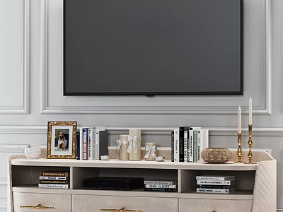Modern Minimalist TV Stand with TV Books Photo Frame Candles Decorations and Drawers 3d model