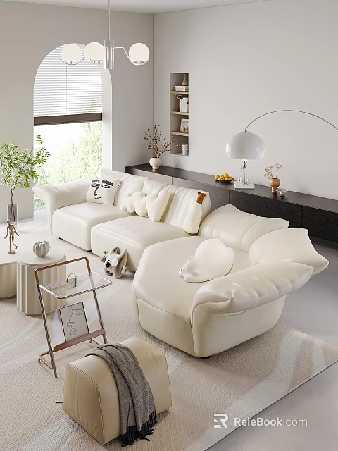 Modern Living Room Interior With White L Shaped Sofa Pillows Green Plant Floor Lamp And Decor 3d model 