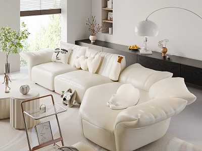 Modern Living Room Interior With White L Shaped Sofa Pillows Green Plant Floor Lamp And Decor 3d model