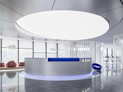 Modern Reception Area Design With Circular Ceiling Light Blue Countertop Glass Partitions And Marble Flooring 3d model