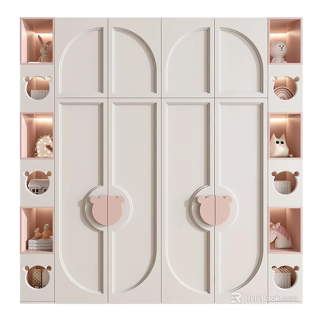 Cute White Children's Wardrobe With Bear Shaped Handles And Small Decorative Shelves 3d model 