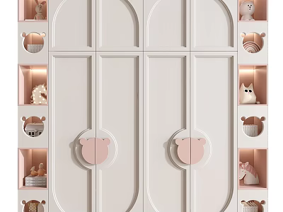 Cute White Children's Wardrobe With Bear Shaped Handles And Small Decorative Shelves 3d model