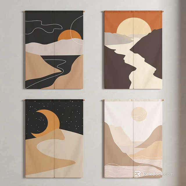 Abstract Natural Landscape Curtains Featuring Mountains Moon Sun and River 3d model