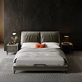 Double Bed Dark Wall Large Window Trees Outside Bedside Tables Lamps Gray Bedding Orange Cushions