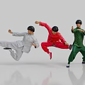 Three Men Practicing Martial Arts in Colorful Traditional Costumes with Dynamic Poses