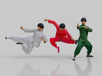 Three Men Practicing Martial Arts in Colorful Traditional Costumes with Dynamic Poses 3d model