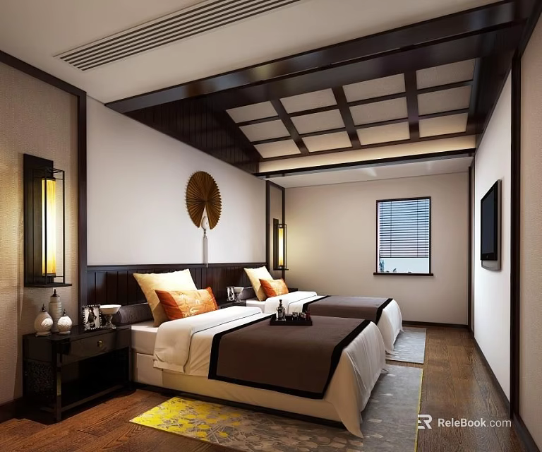 Chinese Style Hotel Guest Room With Twin Beds Wooden Ceiling And Decorative Painting 3d model 