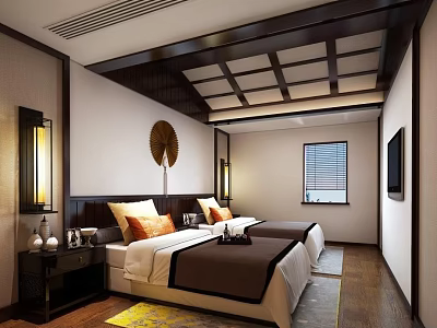 Chinese Style Hotel Guest Room With Twin Beds Wooden Ceiling And Decorative Painting 3d model