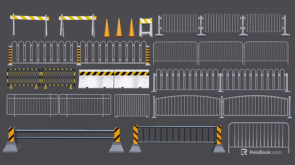 Fencing Types and Construction Barriers with Metal Designs and Safety Cones 3d model 
