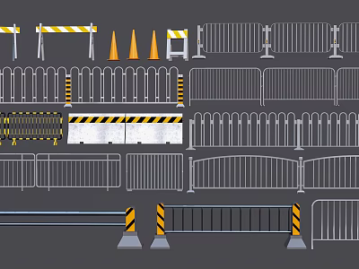 Fencing Types and Construction Barriers with Metal Designs and Safety Cones 3d model