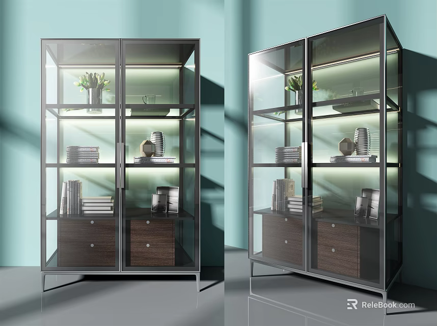 Modern Bookcase with Glass Doors Metal Frame Shelves Books Decor and Built-in Lighting 3d model 