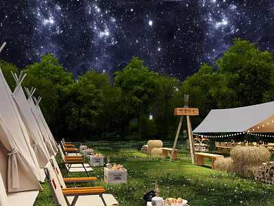 Scenic Camping Site With Starry Night Sky Tipi Tents Grassland Trees And Hay Bales 3d model