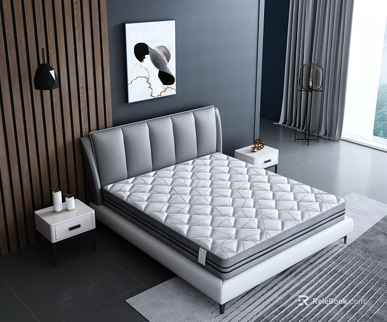White Diamond Stitched Mattress on Grey Upholstered Bed in Modern Bedroom 3d model 
