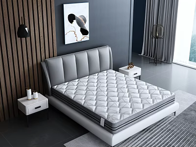 White Diamond Stitched Mattress on Grey Upholstered Bed in Modern Bedroom 3d model