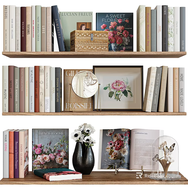 Elegant Decorative Ornament Collection With Bookshelf Books Framed Art Vase Flowers 3d model 