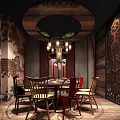 Elegant Restaurant Interior Featuring Spiral Ceiling Red Chairs Round Tables Wooden Stone Walls