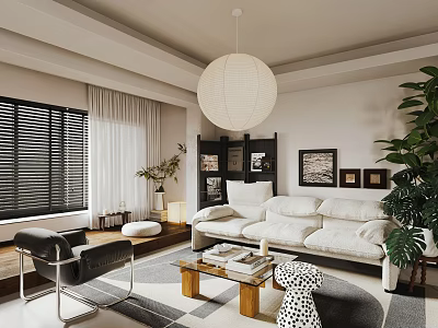Modern Living Room Interior Design With White Sofa Black Armchair And Wooden Coffee Table 3d model