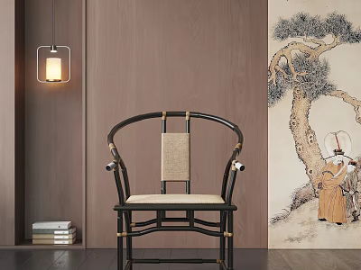 Traditional Chinese Armchair with Black Frame Rattan Seat by Wooden Wall and Traditional Pine Painting 3d model