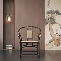 Traditional Chinese Armchair with Black Frame Rattan Seat by Wooden Wall and Traditional Pine Painting