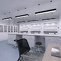 Modern Laboratory Interior With White Lab Benches Cabinets Pendant Lights Blue Flooring And Computer Chairs