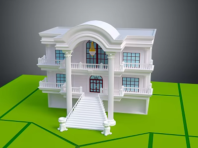 White Two Story Detached Villa With Front Stairs Columns And Balconies 3d model