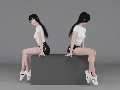 Two Women Sitting Back to Back on Gray Platform Wearing White T-shirts Black Shorts 3d model