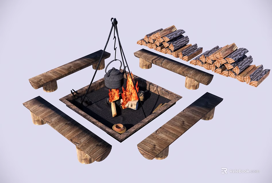 Garden Outdoor Bonfire Setup With Wooden Benches Stacked Firewood And Hanging Kettle 3d model 