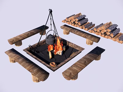 Garden Outdoor Bonfire Setup With Wooden Benches Stacked Firewood And Hanging Kettle 3d model