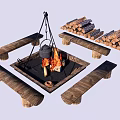 Garden Outdoor Bonfire Setup With Wooden Benches Stacked Firewood And Hanging Kettle