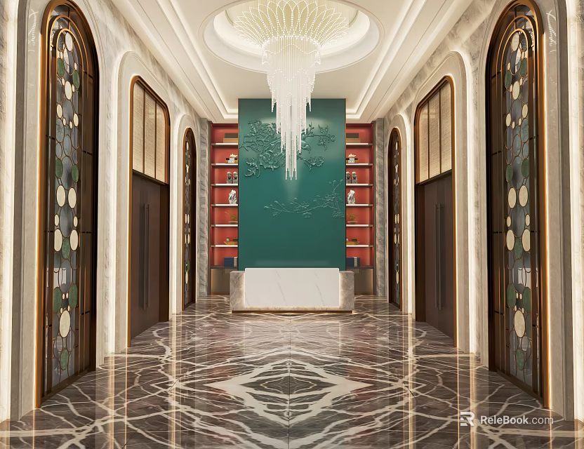 Luxurious Hotel Lobby Featuring Chandelier Green Backdrop Wall Red Bookshelves Symmetrical Doors And Marble Floor 3d model 