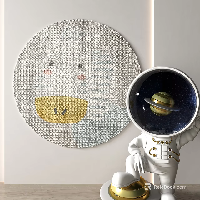 Round Rug with Cute Zebra Face Design in Kids Room with Astronaut Planet Figurine 3d model 