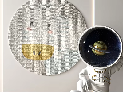 Round Rug with Cute Zebra Face Design in Kids Room with Astronaut Planet Figurine 3d model