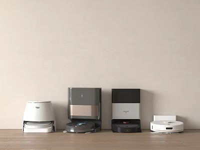 Various Household Cleaning Electrical Appliances Arranged On Wooden Floor Against Light Wall 3d model