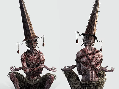 Game and Movie Characters With Spiked Conical Heads And Wrapped Bodies In Eerie Sitting Posture 3d model