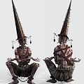 Game and Movie Characters With Spiked Conical Heads And Wrapped Bodies In Eerie Sitting Posture