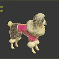 Poodle Dog Wearing Pink Outfit With White Furry Trim Against Gray Background
