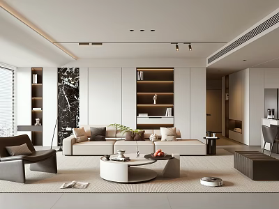 Modern Living and Dining Room Interior Design with Sofa Round Coffee Table and Bookshelves 3d model
