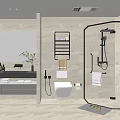 Modern Bathroom Interior With Glass Shower Enclosure Wall Hung Toilet Vanity Mirror And Tiled Floor