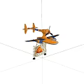 Orange Airplane Model with Blue Striped Wings Hanging Net with Fish on Black Background