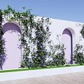 Vines with Purple Flowers Climbing White Walls with Pink Arched Doors and Wooden Flooring